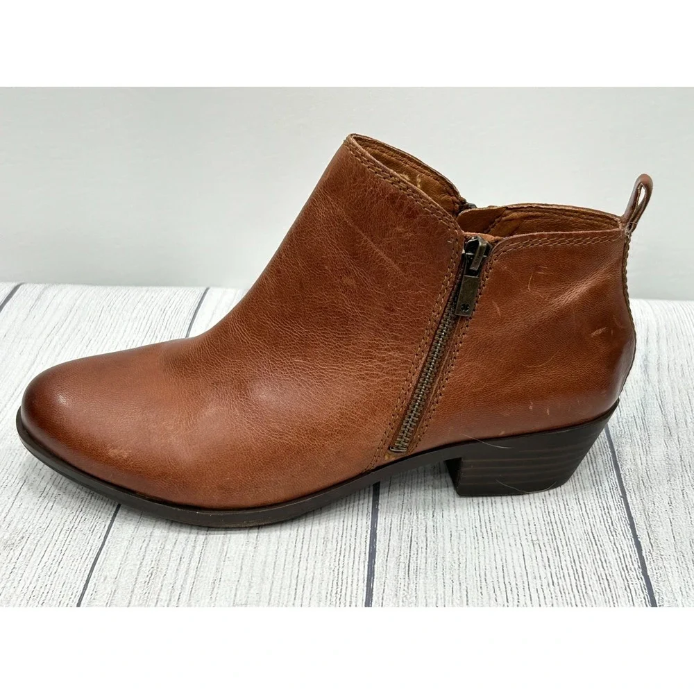 Lucky Brand Basel Ankle Boots Womens 10M Brown Leather Side Zip‎ Block Heel